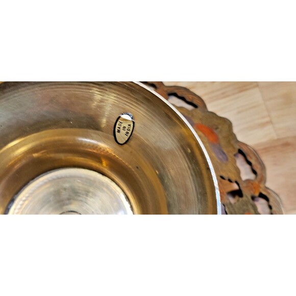 VTG India Brass Enamel Cut Out 8” Pierced Pedestal Bowl With Scalloped Edge - Picture 3 of 7